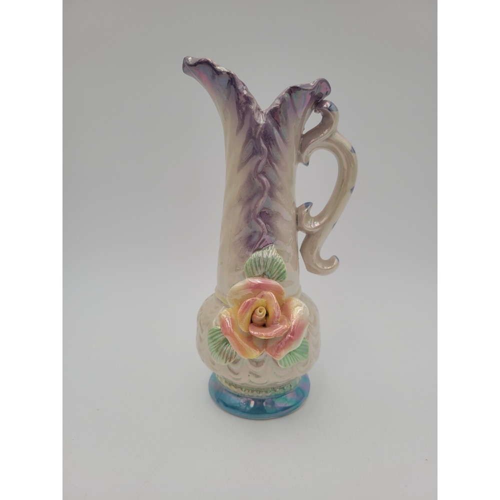 Vintage Handpainted Iridescent Vase Pitcher With‎ Pink Rose Flower Purple Blue